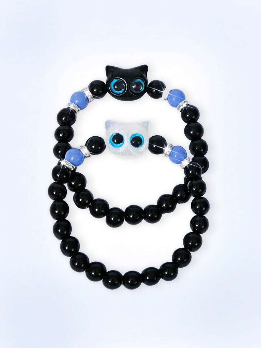 Y2Kool 2pcs Cute Big Eyes Cat Luminous Bracelet, Suitable Gift For Couples, Friends - Black and White - View 1