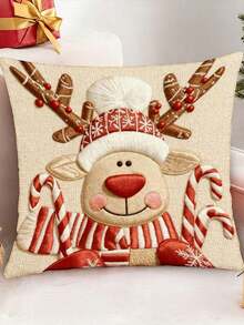 1pc Christmas Holiday Decor Square Pillow Case Cartoon Snowman Reindeer Santa Claus Gingerbread Man Design Without Pillow Insert - Multicolor - View 4