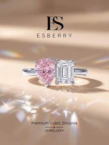 ESBERRY 1件個性化時尚不對稱鋯石戒指，女士珠寶，精緻飾品，女性約會禮物 - 方形水滴粉鋯戒指 - 查看 2