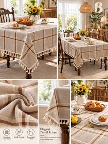 Bubaba Brown Plaid Tassel Tablecloth, Rustic Farmhouse Style Rectangular Tablecloth, Linen Texture Dining Tablecloth, Suitable For Kitchen, Dining Room, Party And Daily Home Decor - Multicolor - View 6