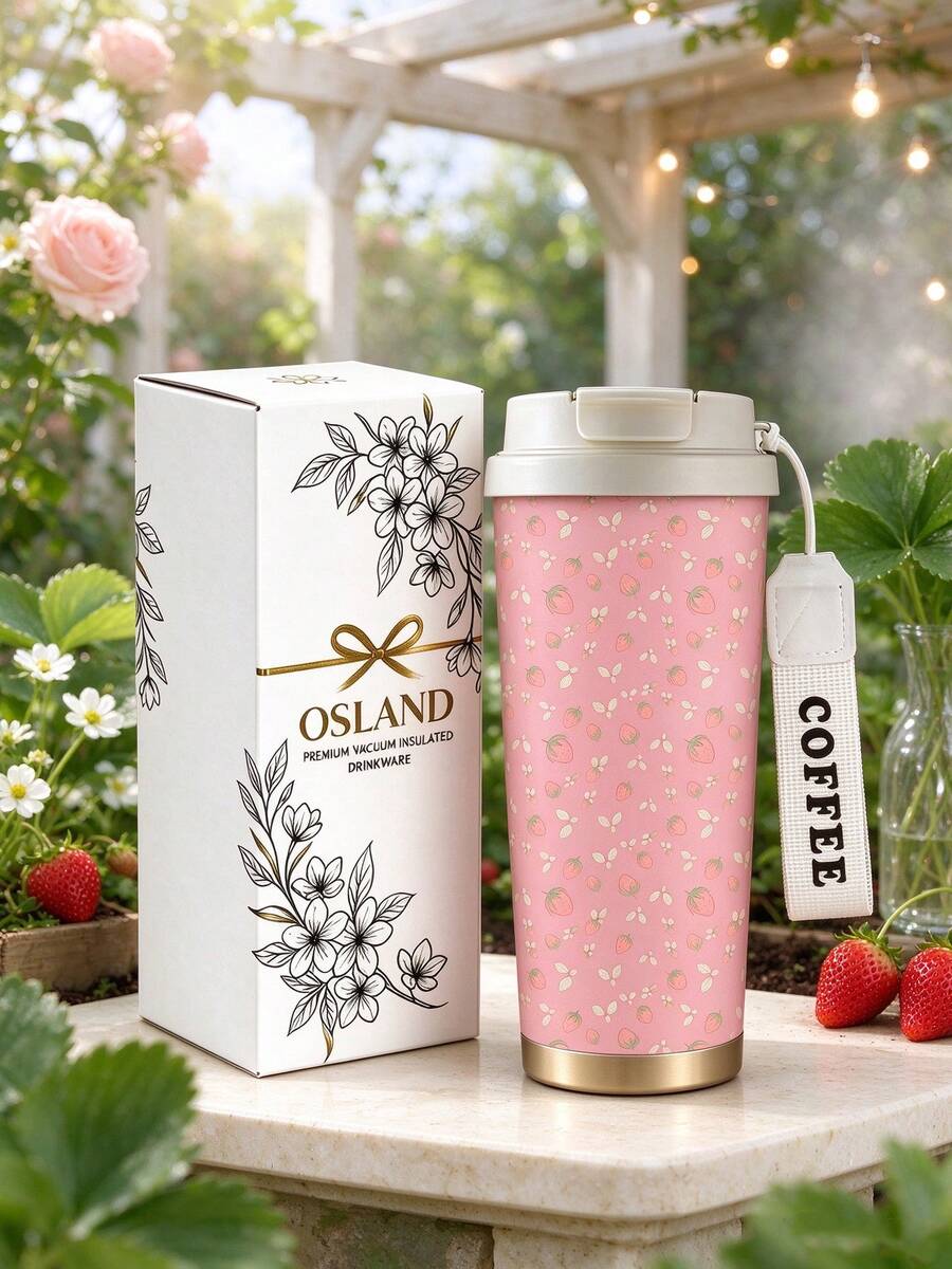 1pc/5pcs 500ml Pink Strawberry Floral Travel Mug, Double-Wall Stainless Steel Insulated Cup, Sweet Seamless Small Strawberry Print Design, Portable Coffee Cup With COFFEE Printed Lanyard, Suitable For Daily Commute - Pink-strawberry - View 1