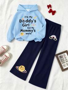 Fashion Youth Girls Letter Cartoon Print Hooded Sweatshirt And Loose Wide Leg Pants, 2pcs Set For Autumn/Winter - Baby Blue - View 1