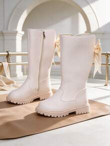 1 Pair Beige Girls' Tall Riding Boots, Soft PU + Pearl Bow Decor, Round Toe Soft Sole Inner Zipper Design, Fashionable Cute Princess Style Long Boots, Suitable For Daily, Holiday, Campus, Autumn/Winter New - Beige - View 9