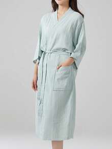 1pc Summer Solid Color Short Sleeve Gauze Bathrobe, Cool Home Wear, Mid-Thigh Length, Comfortable - Multicolor - View 8