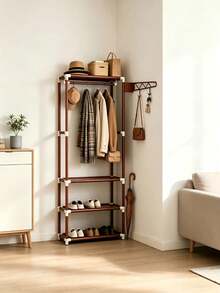 1pc Multi-Tier Freestanding Simple Coat Rack, Thickened Tube Open Clothes Hanger (Can Be Used With Adult Hangers), With Storage Shelves And Side Hooks, Suitable For Storing Clothes, Bags And Folded Bedding In Bedrooms Percheros De Pie Perchero - Multicolor - View 5