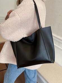 Large Capacity PU Tote Bag, Minimalist Fashion Women's Multi-Pocket Shoulder Bag, Solid Color Personalized Handbag - Black - View 10