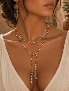 1pc Bohemian Style Brown & White Seed Bead With Asymmetrical Stone Beaded Necklace, Fashionable Versatile Women's Neck Jewelry, Suitable For Daily Wear, Vacation, Travel And Photography, Seed Bead Size, Quantity And Color Arrangement Are Random - Multicolor - View 1