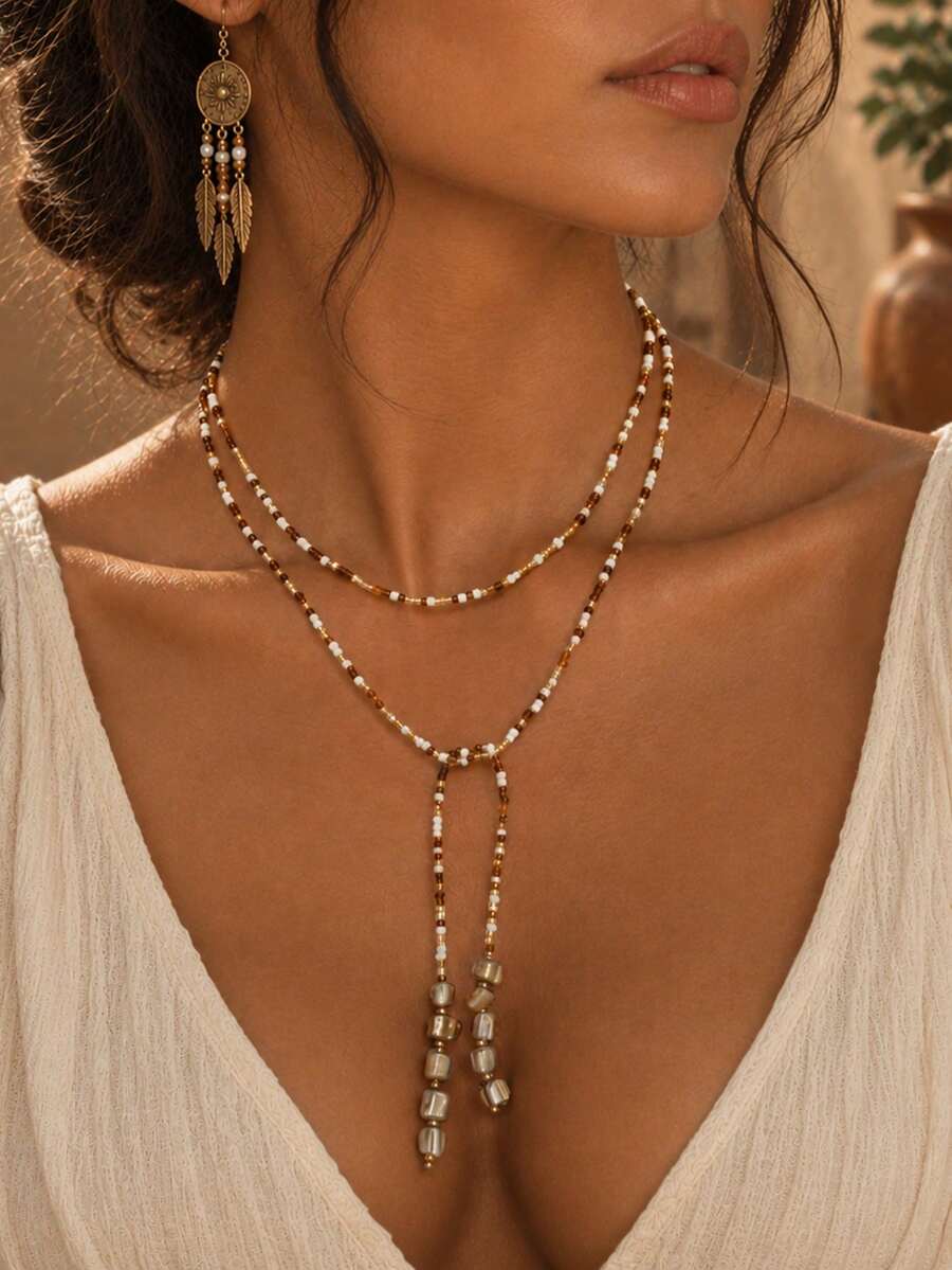 1pc Bohemian Style Brown & White Seed Bead With Asymmetrical Stone Beaded Necklace, Fashionable Versatile Women's Neck Jewelry, Suitable For Daily Wear, Vacation, Travel And Photography, Seed Bead Size, Quantity And Color Arrangement Are Random - Multicolor - View 1