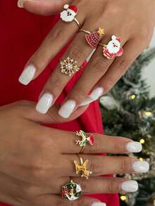 7 Buah/Set Cincin Rusa Kartun Santa Claus, Aksesoris Cincin Hadiah Natal Ins, Cincin Wanita - MultiWarna - View 3