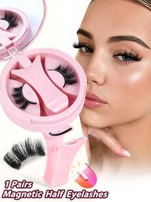 MAANGE 1 Pair Magnetic Eyelashes - Half-Length, Comes With Applicator, Cat Eye Lashes, Extend Eye Tail, Enlarge Eyes, Natural Lashes, Create Exquisite Makeup, No Glue Needed, Pink Packaging, Built-In Mirror, Portable, Suitable For Daily Use, Half Eye Lashes, Strip Lashes, False Eyelashes, Eyelashes - Black - View 5