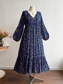 Rusttydustty Plus Size Women's Autumn Floral V-Neck Tie Ruffle Patchwork Long Sleeve Dress, Suitable For Autumn/Winter Vacation Elegant - Dark Blue - View 7