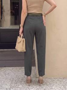 1 Stück Damen einfarbige geraffte Harem-Hose, Business-Pendeln, lässige Straßenmode (Gürtel nicht enthalten) einfarbige geraffte Harem-Hose mit Taschen für Damen, Urlaub, College, Büro, Reisen, Flughafen, alle Jahreszeiten - Dunkelgrau - Übersicht 3