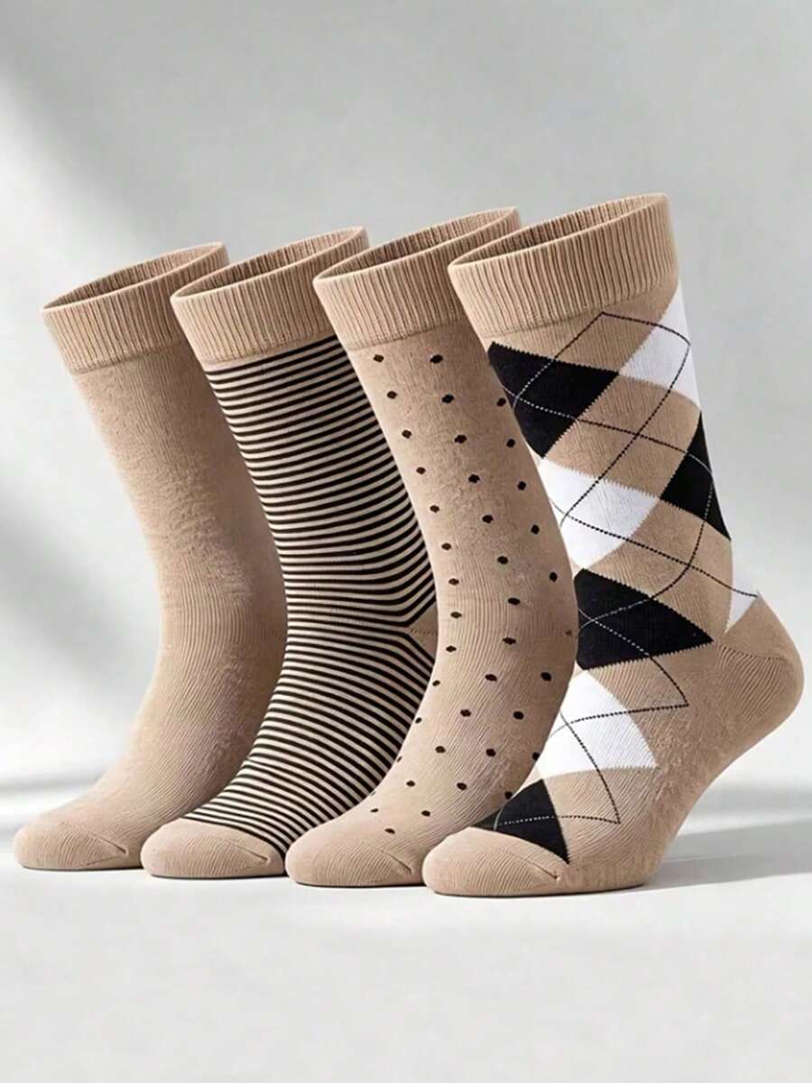 1/4 Dozen Men's Diamond Mesh Solid Color Business Socks, Moisture-Wicking Breathable Comfortable Mid-Calf Socks, Dress Socks, Suitable For Daily Wear, Office Matching, Sports, Perfect Gift For Men, Random Style - Multicolor - View 1