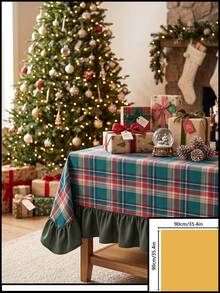 1pc Red & Green Plaid Pattern Tablecloth, Classic Traditional Style, Fabric Material, Rectangular With Ruffled Edge, Decorative & Protective For Home Long Table, Suitable For Christmas Holiday Celebration & Dining Scenes - Green - View 12