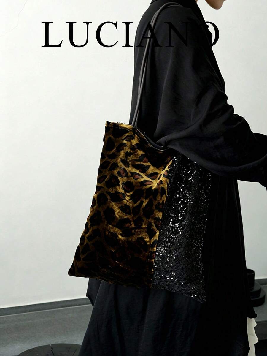 Tas Tote Sequin Patchwork Motif Leopard Gaya Hot Girl, Tas Bahu Kapasitas Besar Gaya Manis dan Keren, 1 buah Tas Wanita Poliester Colorblock - Hitam - View 1