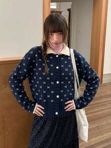Korean Style Color Block Peter Pan Collar Cute Jacquard Casual Fitted Women Cardigan - Navy Blue - View 2