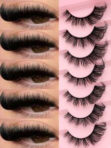 7 Pairs Black False Eyelashes, Lightweight Cat Eye Style, Voluminous Flared Strip Lashes, Reusable, Suitable For Glamorous Eye Makeup, Daily Wear, Dates, Parties, Christmas And Holiday Looks - Black - View 1