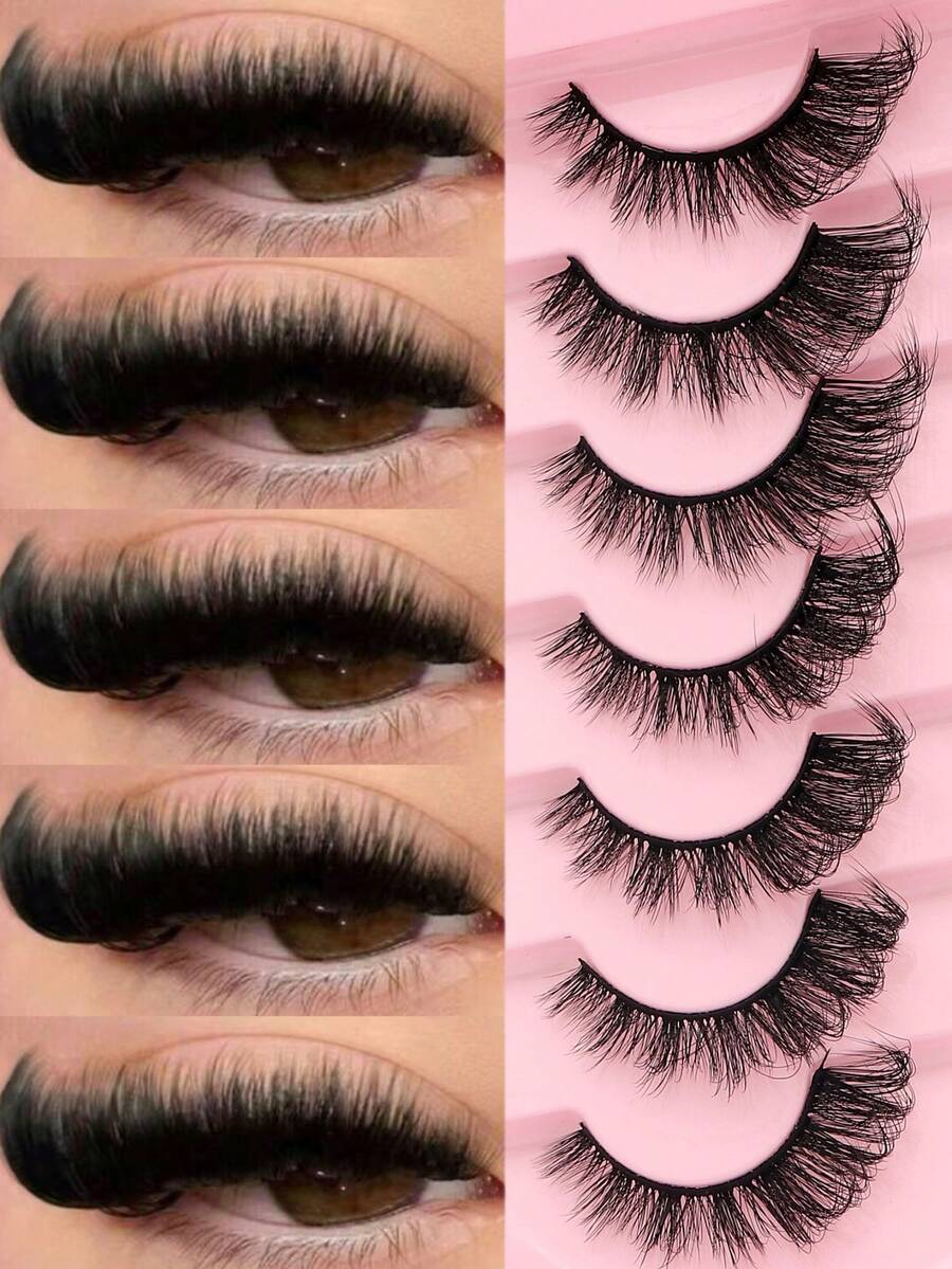 7 Pairs Black False Eyelashes, Lightweight Cat Eye Style, Voluminous Flared Strip Lashes, Reusable, Suitable For Glamorous Eye Makeup, Daily Wear, Dates, Parties, Christmas And Holiday Looks - Black - View 1