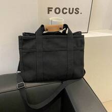 Multi-Compartment Solid Color Canvas Tote Bag, Large Capacity Handbag For Women, Minimalist Design, Multifunctional Shoulder Bag, Crossbody Bag For Outings - Black - View 2