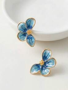 French Vintage Blue Enamel Flower Stud Earrings For Women,Gradient Blue Floral Stud Earrings,Elegant Cottagecore Jewelry Gift - Blue - View 3