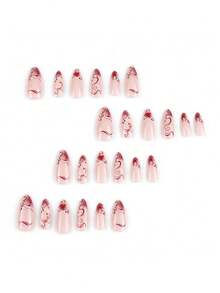 24Pcs Medium Almond Press On Nails, Fall Retro Burgundy Vines Graffiti Nails, Light Purple Nude Base, Cream‑White Gradient French Tip, For Thanksgiving Christmas Holiday Party & Dating - Watermelon Pink - View 4