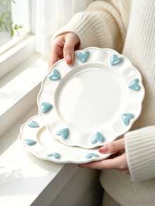 4pcs/2pcs/1pc Cute Embossed Blue Heart Ceramic Plate Set, Wavy Edge White Porcelain Dinnerware, Ins Style Dessert Salad Snack Plate, Afternoon Tea Home Table Decor, Holiday Gift - Multicolor - View 8