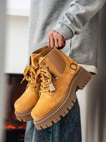 GAISIMA Premium Dad Style New Metal Skull Decor Punk Fashion Men's Height-Increasing Thick Sole Design Derby Shoes Colorblock Casual Shoes - Mustard Yellow - View 4