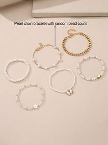 6pcs/Set Girls' Pearl & Seed Bead Heart & Butterfly Beaded Bracelet, Decorative For Daily Wear - Multicolor - View 2