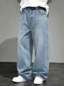 Tween Boy's American Street Style Blue Distressed Wide Leg Loose Drape Floor-Length Jeans - Medium Wash - View 2