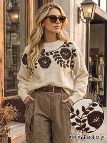 NiceArt Women's Autumn/Winter Vintage Embroidered Floral Knit Pullover Sweater, Suitable For Autumn Outfits, Social Events, Renaissance Style, Halloween - Apricot - View 1