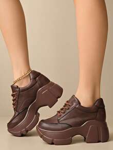 2026 Autumn New Height-Increasing Platform Thick Sole Lace-Up Sneakers For Petite Women - Brown - View 4