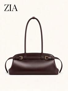 Women's Fashion Belt Buckle Large Capacity Vintage Solid Color Baguette Boston Bag - Coffee - View 1