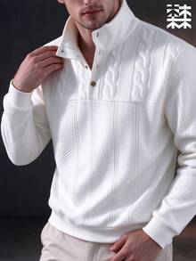 mulinsen Men's Half-Zip Stand Collar Textured Jacquard Patchwork Long Sleeve Sweatshirt, Minimalist Casual Top - White - View 2