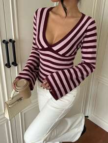Women's Autumn New Colorblock Striped V-Neck Knit Sweater, Daily Commute & Travel, Oversized Sleeves, Suitable For Wearing Alone Or Layering, Y2K Style, Sweet Backless Design - Light Pink - View 2