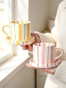 Hand Painted Vertical Striped Ceramic Mug & Saucer Set, Aesthetic Pastel Coffee Cup For Latte, Milk Tea, Afternoon Tea, Cute Table Decor - Multicolor - View 10