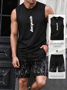 Men's Letter Print Crew Neck Raglan Sleeveless Tank Top And Shorts Set, Casual Summer Fitness Muscle Outfit, Versatile Minimalist Sportswear, Suitable For Outdoor Wear - Black - View 3