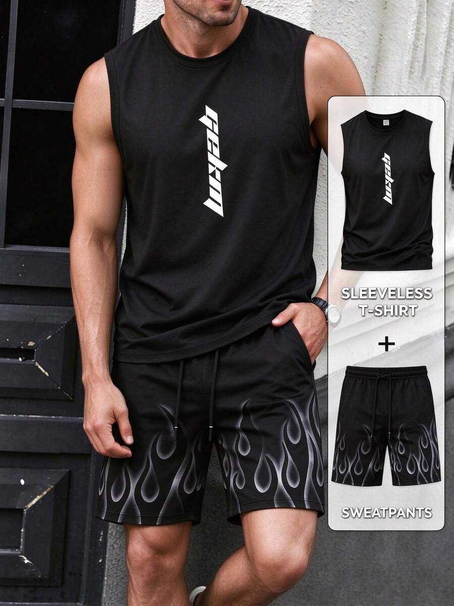 Men's Letter Print Crew Neck Raglan Sleeveless Tank Top And Shorts Set, Casual Summer Fitness Muscle Outfit, Versatile Minimalist Sportswear, Suitable For Outdoor Wear - Black - View 1