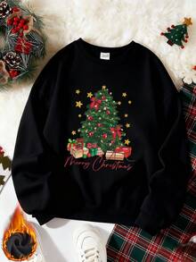 Christmas Autumn/Winter Women's Thermal Lined Crew Neck Sweatshirt, Christmas Tree, Gift Box, Star Pattern And "Merry Christmas" Print, Holiday Gift - Black - View 3