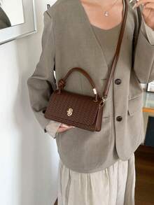 Women's Woven Texture Small Handbag, Vintage Knotted Top Handle Shoulder Bag, Flap Lock Crossbody Bag - Coffee - View 8