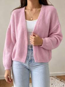 Women's Spring/Autumn/Winter Pink Basic Minimalist Long Sleeve V-Neck Front Open Cardigan Knit Jacket, Solid Color Gentle Casual Daily Wear - Pink - View 2