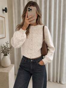 Mori Women's Y2K Fashion Fuzzy Knit Cardigan, Button Round Neck Cropped Top, Street Style Outfit - Brown - View 1
