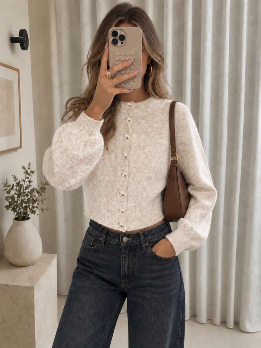 Mori Women's Y2K Fashion Fuzzy Knit Cardigan, Button Round Neck Cropped Top, Street Style Outfit - Brown - View 1