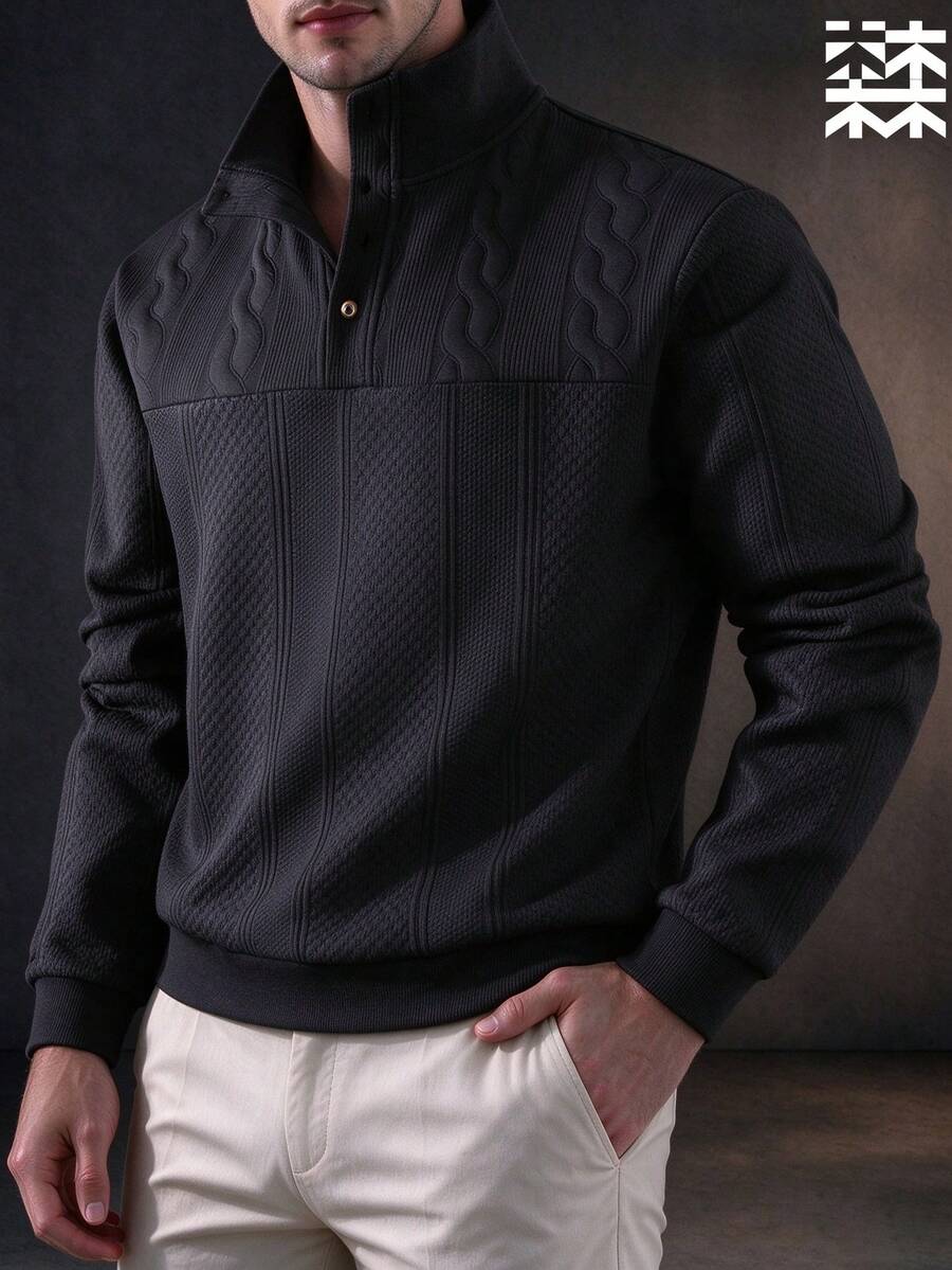 mulinsen Men's Half-Zip Stand Collar Textured Jacquard Patchwork Long Sleeve Sweatshirt, Minimalist Casual Top - Black - View 1