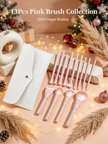 13-Piece Makeup Brush Set With Leather Makeup Bag, Complete Makeup Tool Kit Travel Essential, Makeup Brushes For Easy Application: Foundation, Blush, Eyeshadow, Brow, Contour, Lip And Nose Shadow, Professional Facial Makeup Brushes And Beauty Tools, Suitable For Powder, Liquid And Cream Cosmetics, Ideal For Daily Use And Travel - Pink - View 12