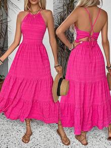 Vestido largo casual de mujer con cintura anudada y dobladillo fruncido, atuendo para vacaciones y playa  vestido para salir  vestido de vac - Azul Marino - Ver 2