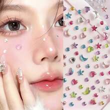 1pc Holographic Star & Moon Rhinestone Self-Adhesive Face/Nail Stickers, Perfect For Creating Summer Stage Makeup Or Festive Atmosphere. Includes Stars, Crescent Moons And Small Dots Shapes. - Multicolor - View 1