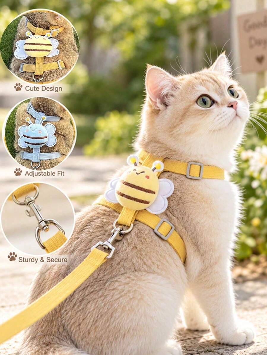 1 Set Of Pet Leash Set - Cute Bee Design Collar And Leash - Outdoor Cat And Dog Training Leash Set - Suitable For Small Pets - Pet Supplies, Cat And Dog Leashes And Collars - Essential Pet Supplies For Small/Medium-Sized Dogs And Cats - Multicolor - View 1