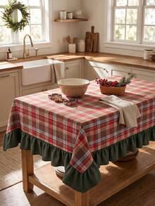 1pc Red And Green Plaid Tablecloth, Country Pastoral Style, Fabric Material, Rectangular Shape, Green Ruffle Trim Decoration, Beautifies And Protects Tabletop, Functional Dining Tablecloth Suitable For Christmas And Winter Home Decor Scenes - Red - View 5