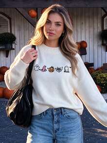 LOVE JOYY Women's Autumn Winter Halloween Faux Embroidery Crew Neck Sweater Drop Shoulder Loose Pullover For Daily Festival - Beige - View 1