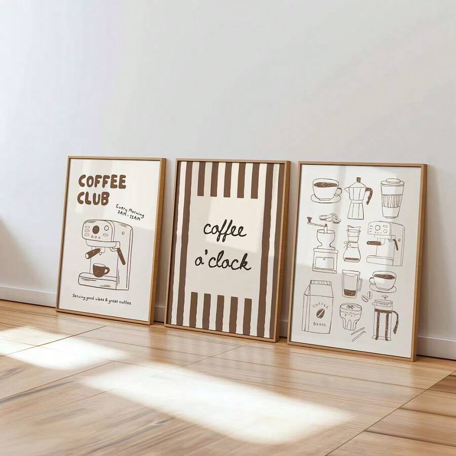 1/3pcs Set Framed/Unframed Coffe Machine Coffee Club Kitchen Canvas Poster Minimalist Brown Espresso Cafe Bar Wall Art Print Coffee Conner Decor Painting For Coffee Lover,Appartment,Living Room,Modern Home Decoration - Poster - View 1